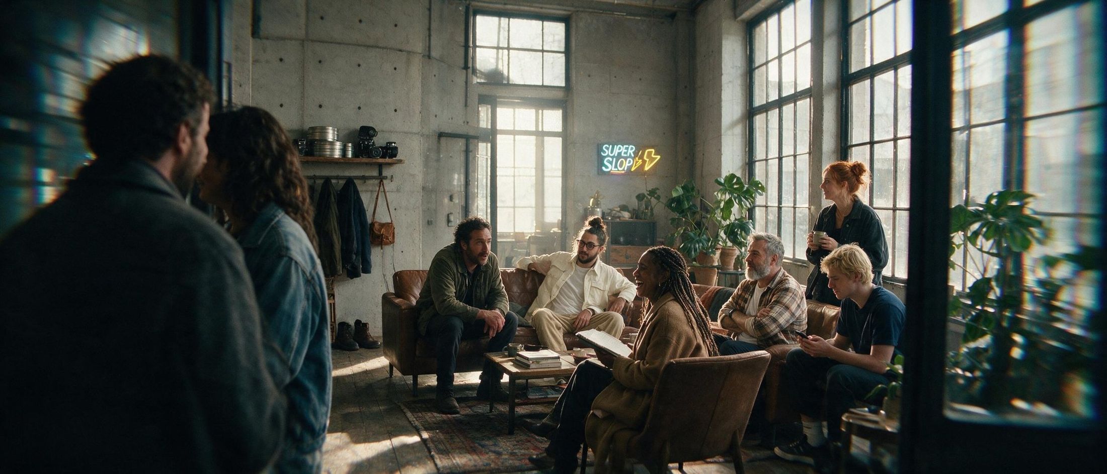The studio's front room: two people talking in the foreground, out of focus, and five others further in, mid-conversation around the couch
