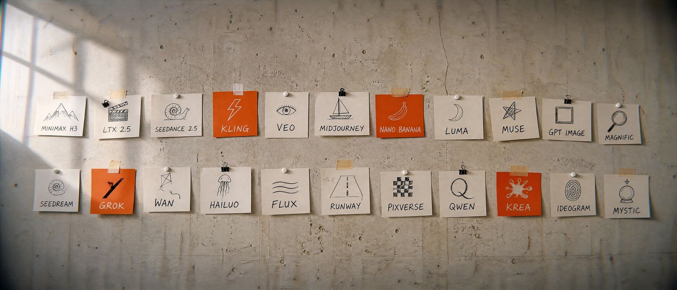 Pre-production wall: the Super Slop card above twenty-two hand-written cards with sketched logos: MiniMax H3, LTX 2.5, Seedance 2.5, Kling, Veo, Midjourney, Nano Banana, Luma, Muse, GPT Image, Magnific, Seedream, Grok, Wan, Hailuo, Flux, Runway, PixVerse, Qwen, Krea, Ideogram and Mystic