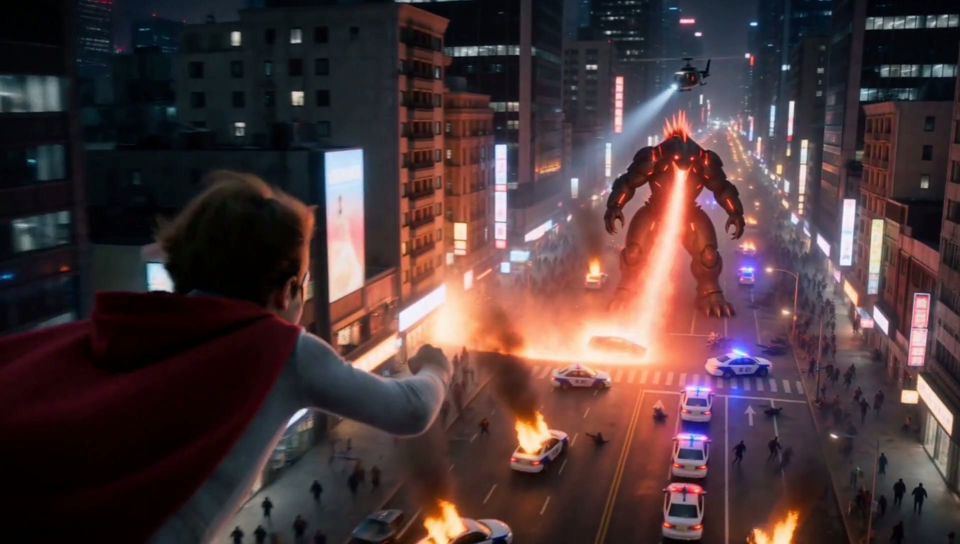 Frame from The Last Battle: the boy charging down the burning avenue toward the creature