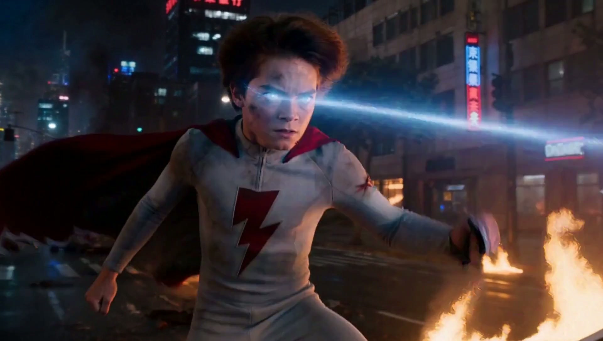 Frame from The Last Battle: the boy firing a beam from his eyes