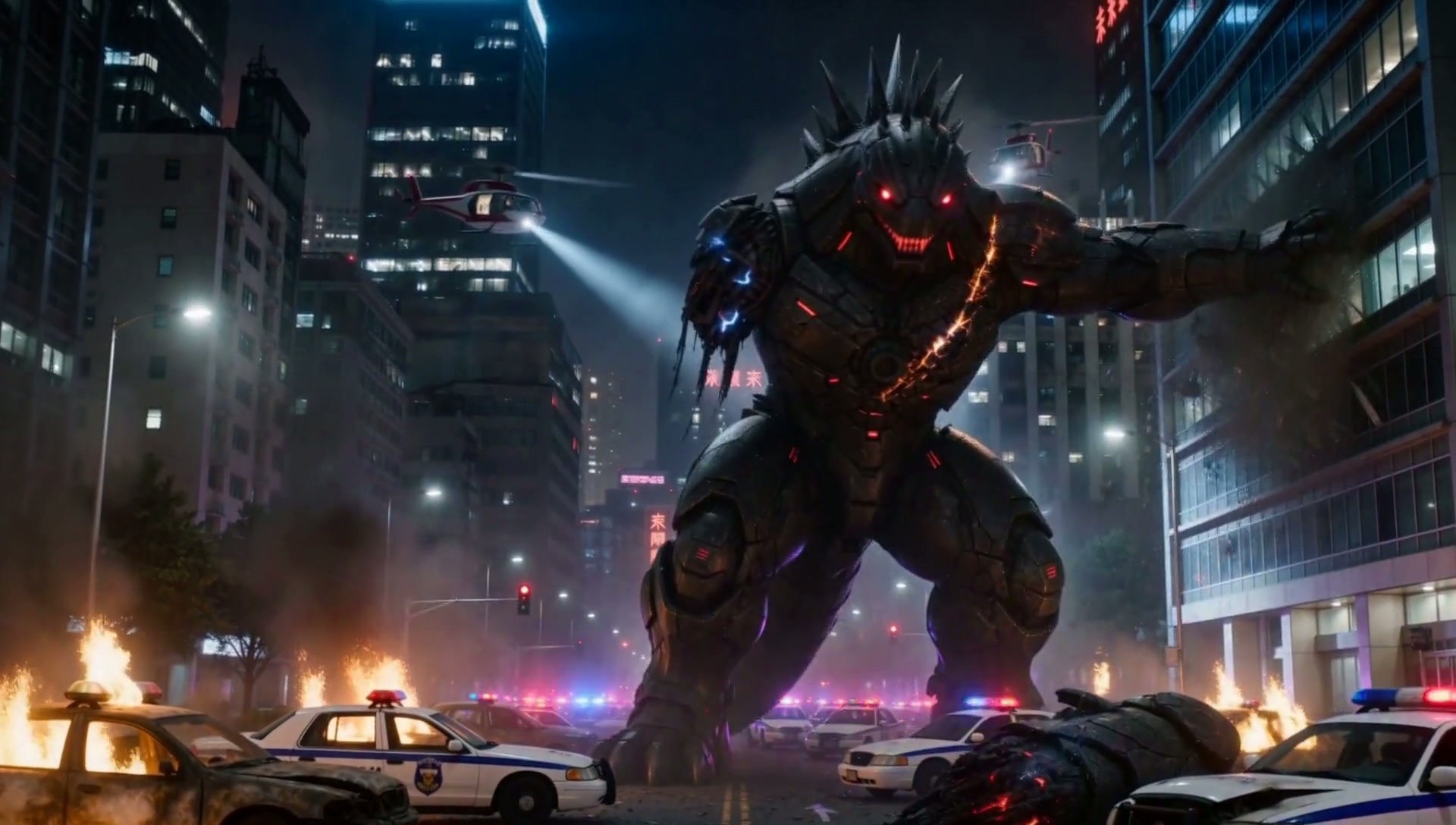 Frame from The Last Battle: the sixty-five foot creature roaring among the police cars
