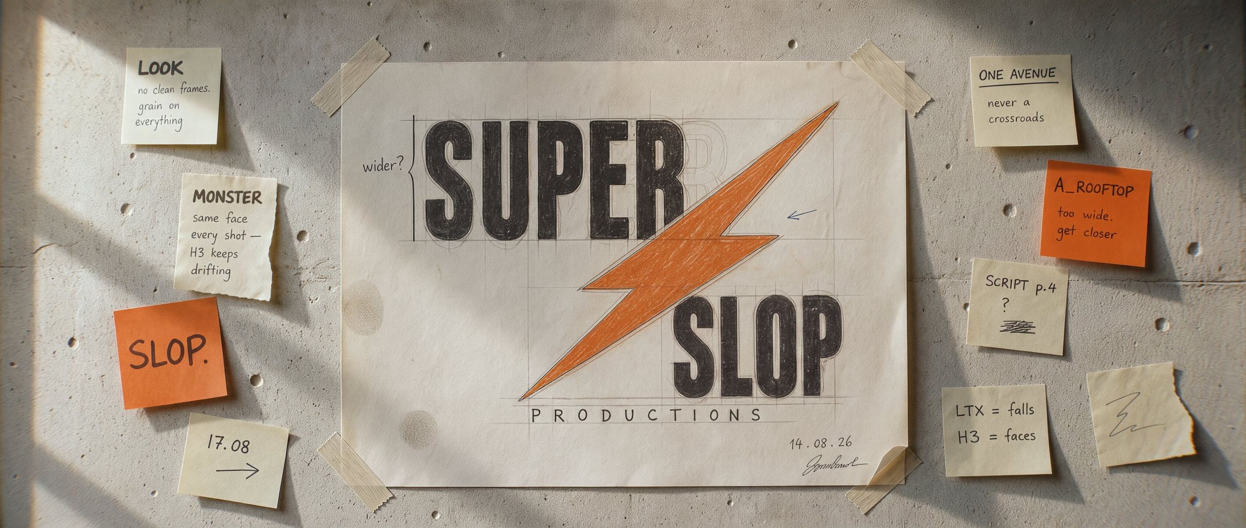 Super Slop Productions, the studio logo screenprinted on a poster taped to the pre-production wall, surrounded by handwritten shot lists and director's notes