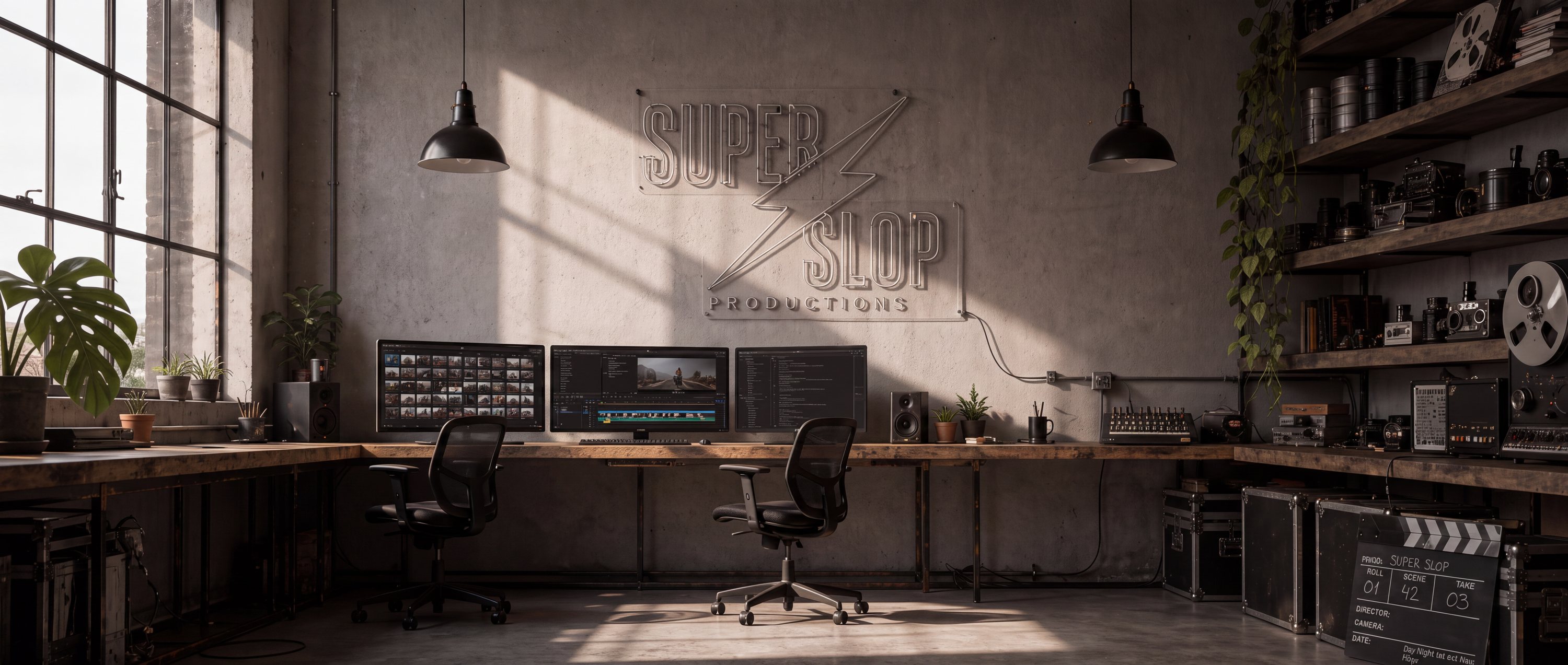 The edit room, empty: two chairs pushed in at the bench, the SUPER SLOP neon unlit, late daylight across the concrete
