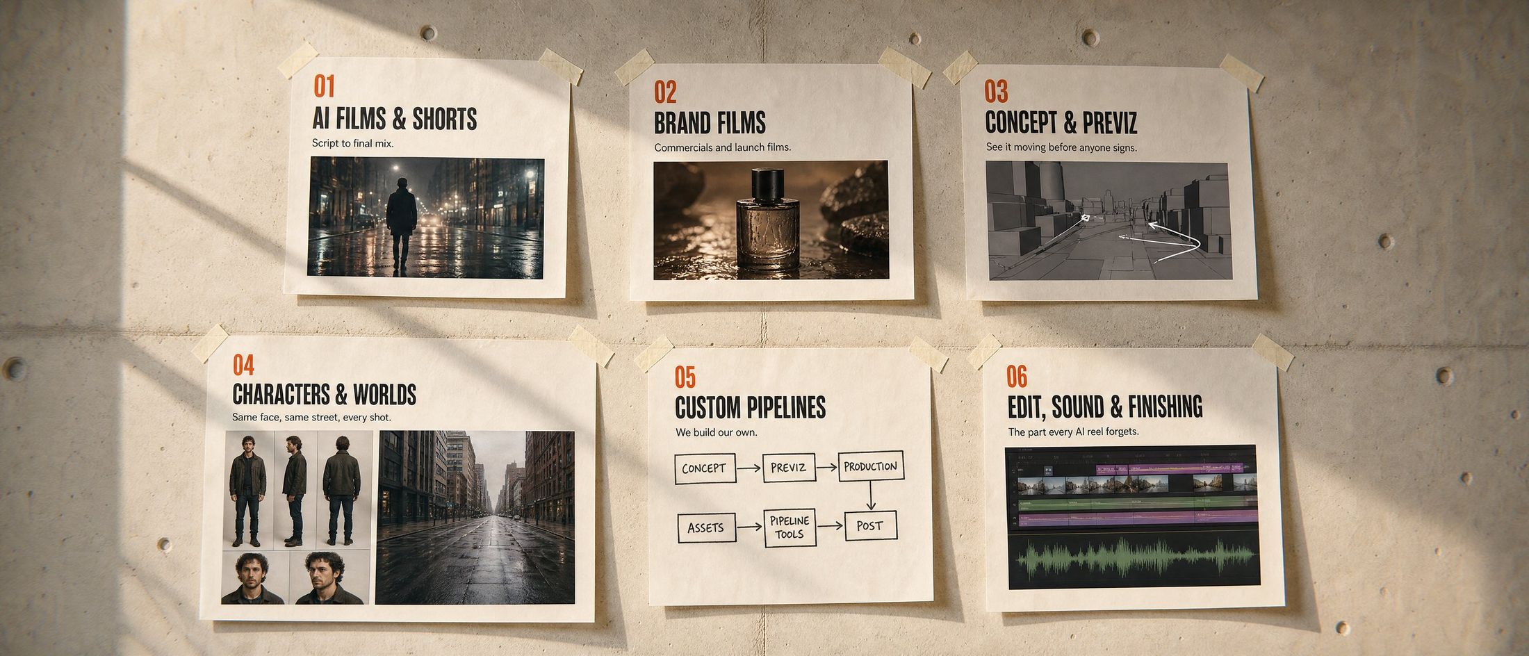 Six sheets taped to the studio wall: AI films and shorts, brand films, concept and previz, characters and worlds, custom pipelines, edit sound and finishing