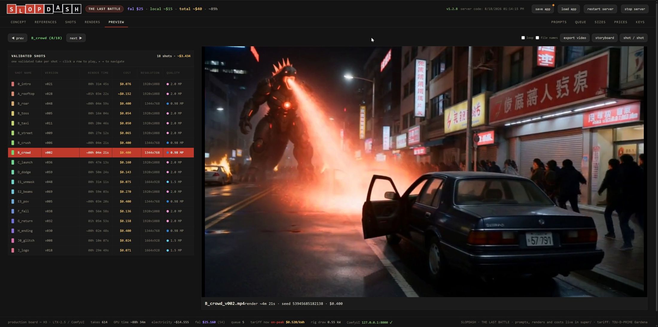 Slopdash, PREVIEW: the validated take of each shot, its cost, and the cut playing