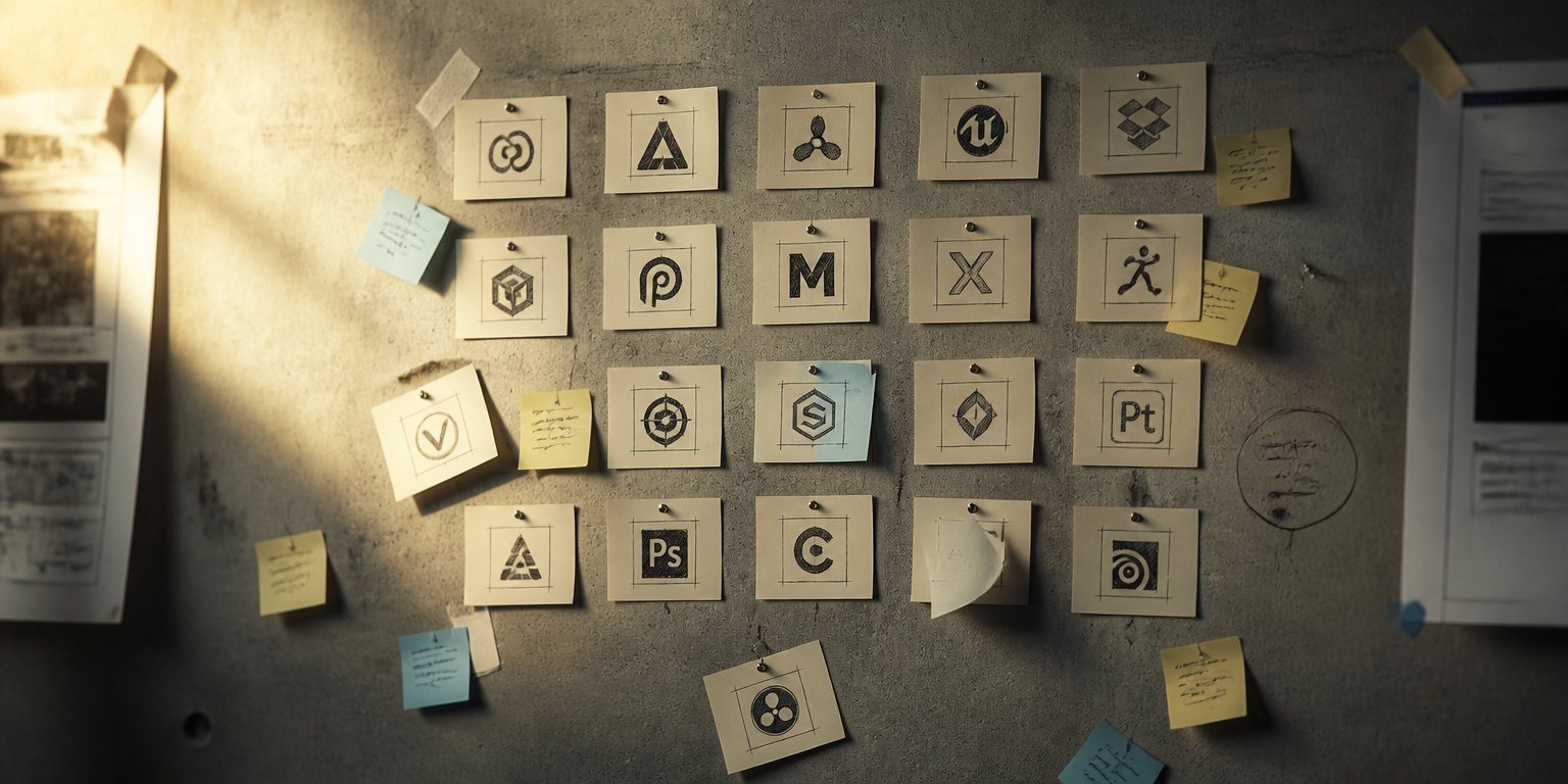 The engine board: printed cards pinned to a concrete wall, post-its at angles, a folded page over one of them