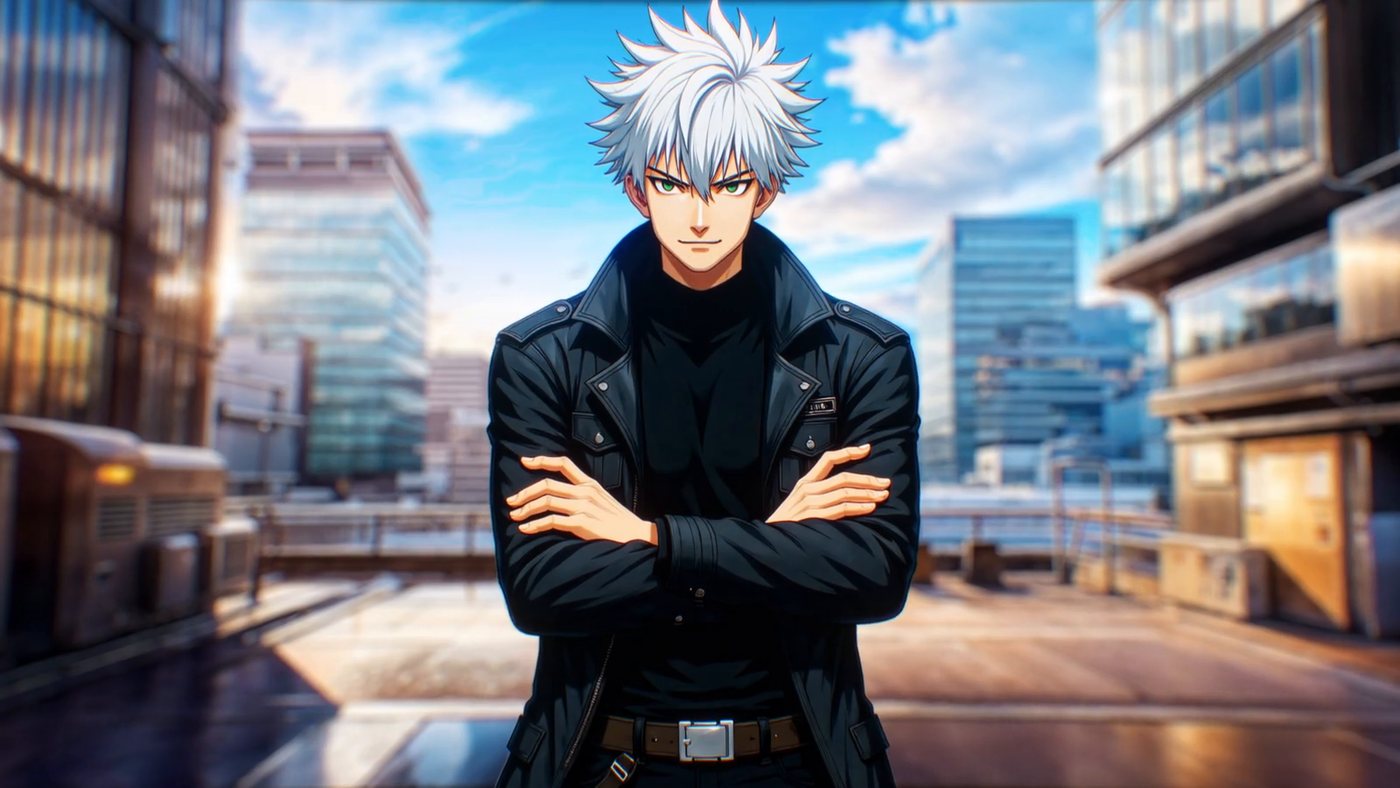 Same character, arms crossed, live-action street