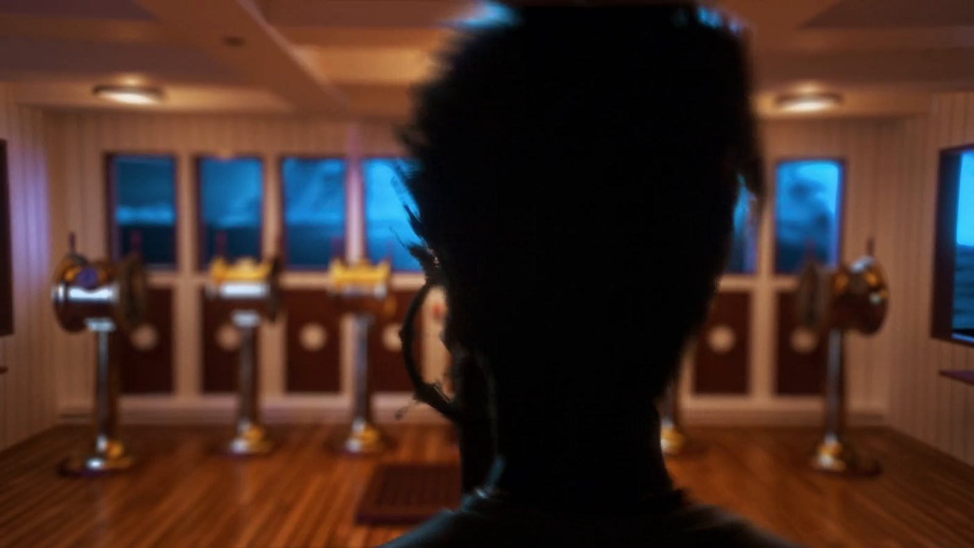 Silhouette on a ship's bridge at night