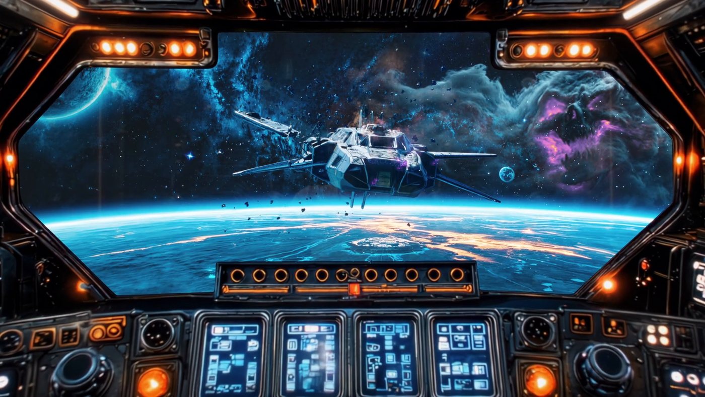 Deep space through a cockpit window