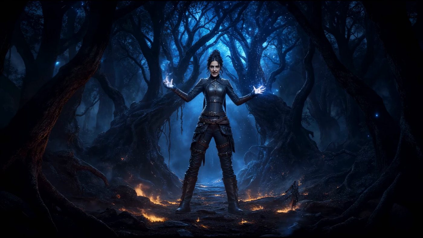 The sorceress in the burning forest, hands lit