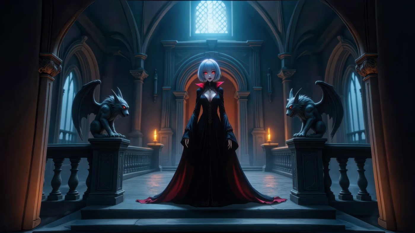 The gothic throne room, a gargoyle either side