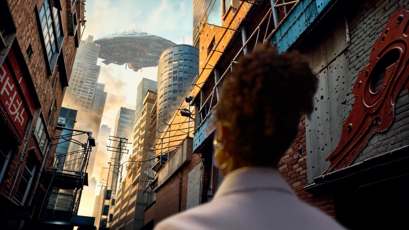 Ships over the city, seen from the alley