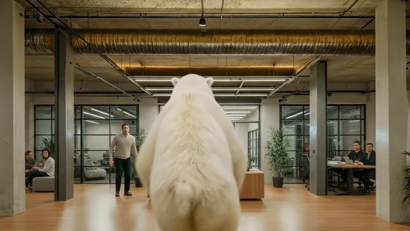 Down the middle of the open plan, everyone watching