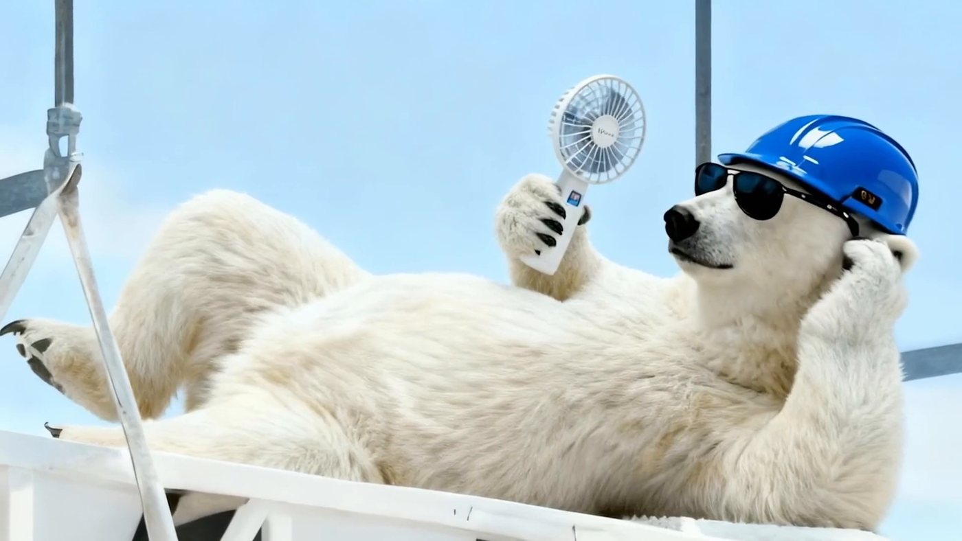 On the roof with a hard hat and a desk fan