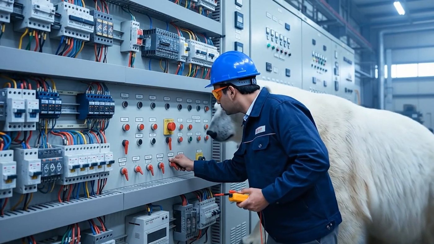 An engineer works the panel, the bear right behind