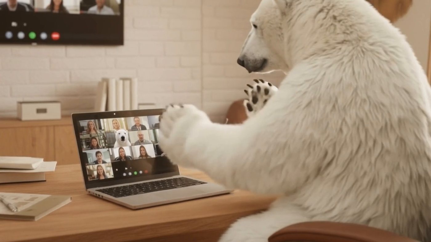 The grid of faces, his paw over the trackpad