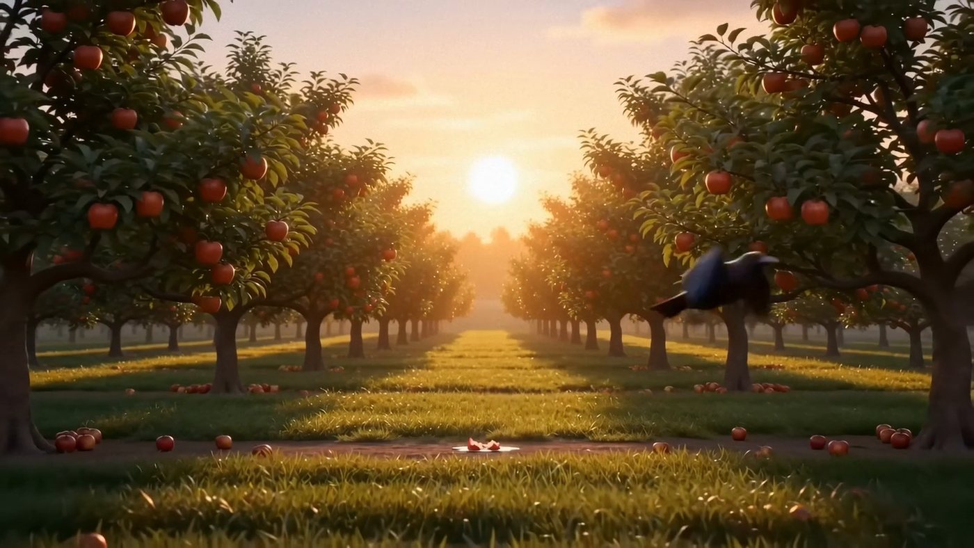 The orchard wide, the crow already in it