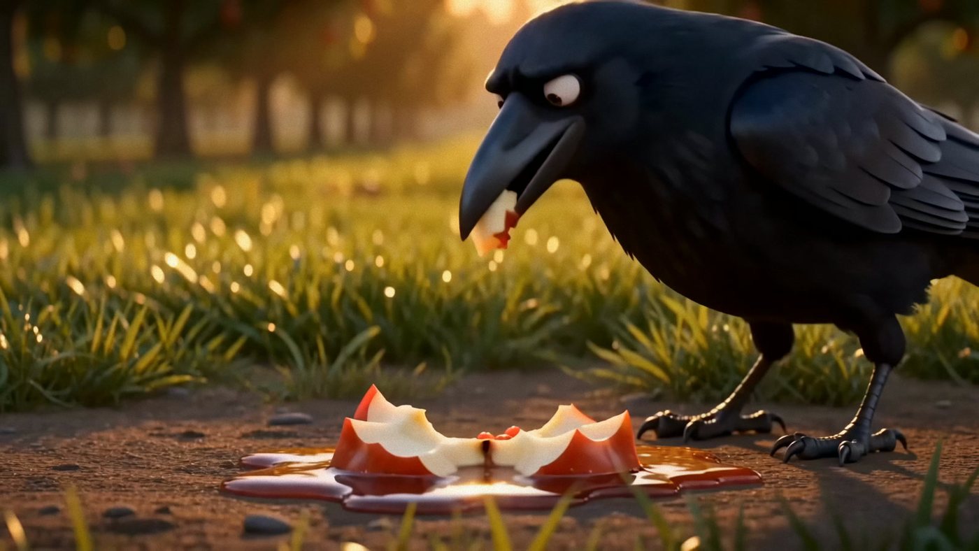The crow looks up, mouth full