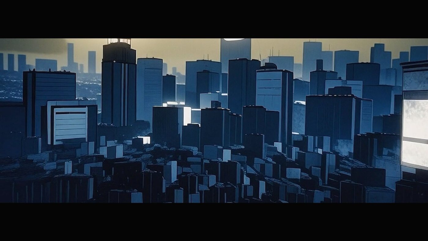 The city, flat and cold, from above