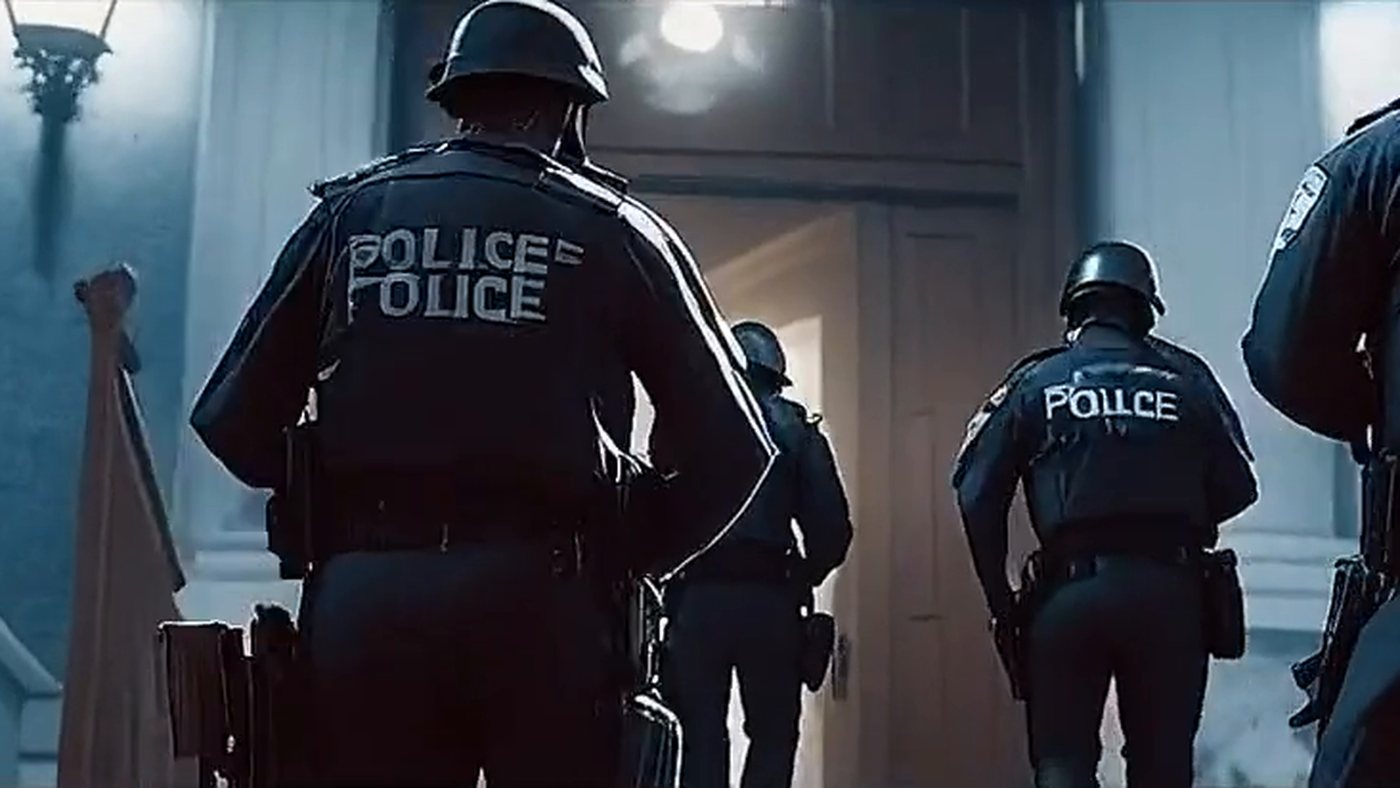 Police at the door, seen from behind