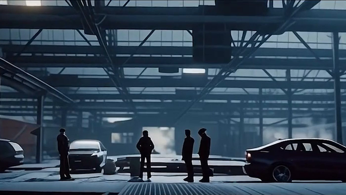 The warehouse meet, four silhouettes and two cars