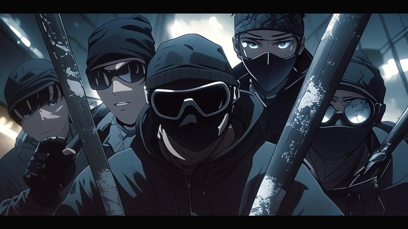 The crew, masked, bats up, close