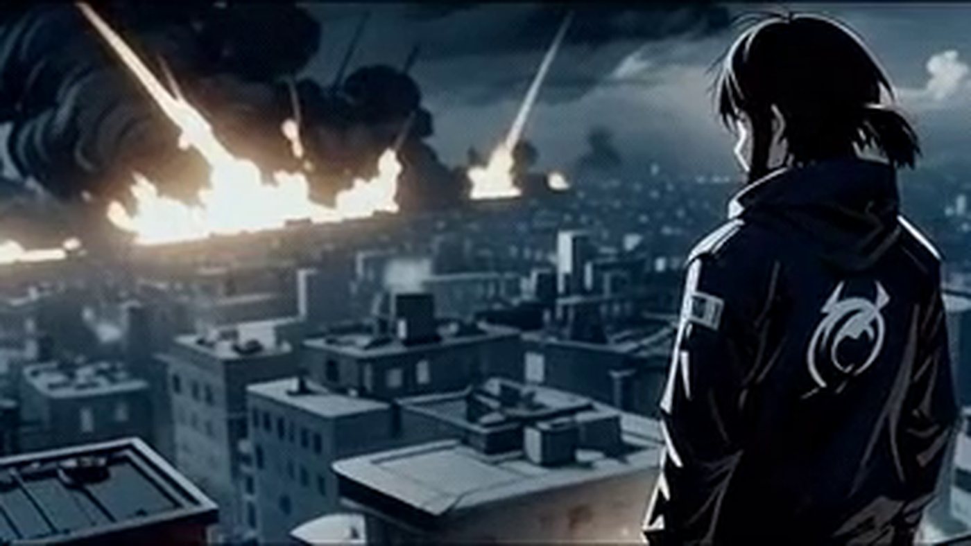 The strikes land on the city, seen from the roof