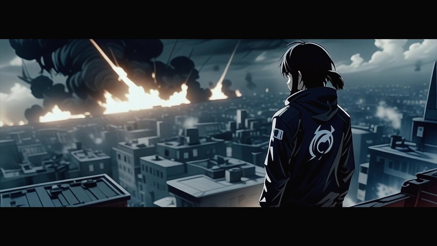 Watching the city burn, back to camera