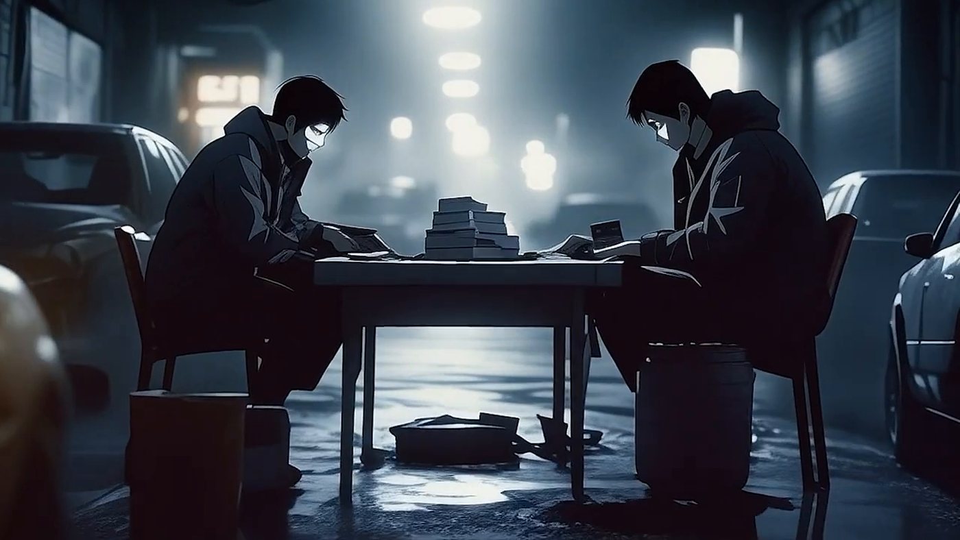 Two men, one table, the count under a streetlight