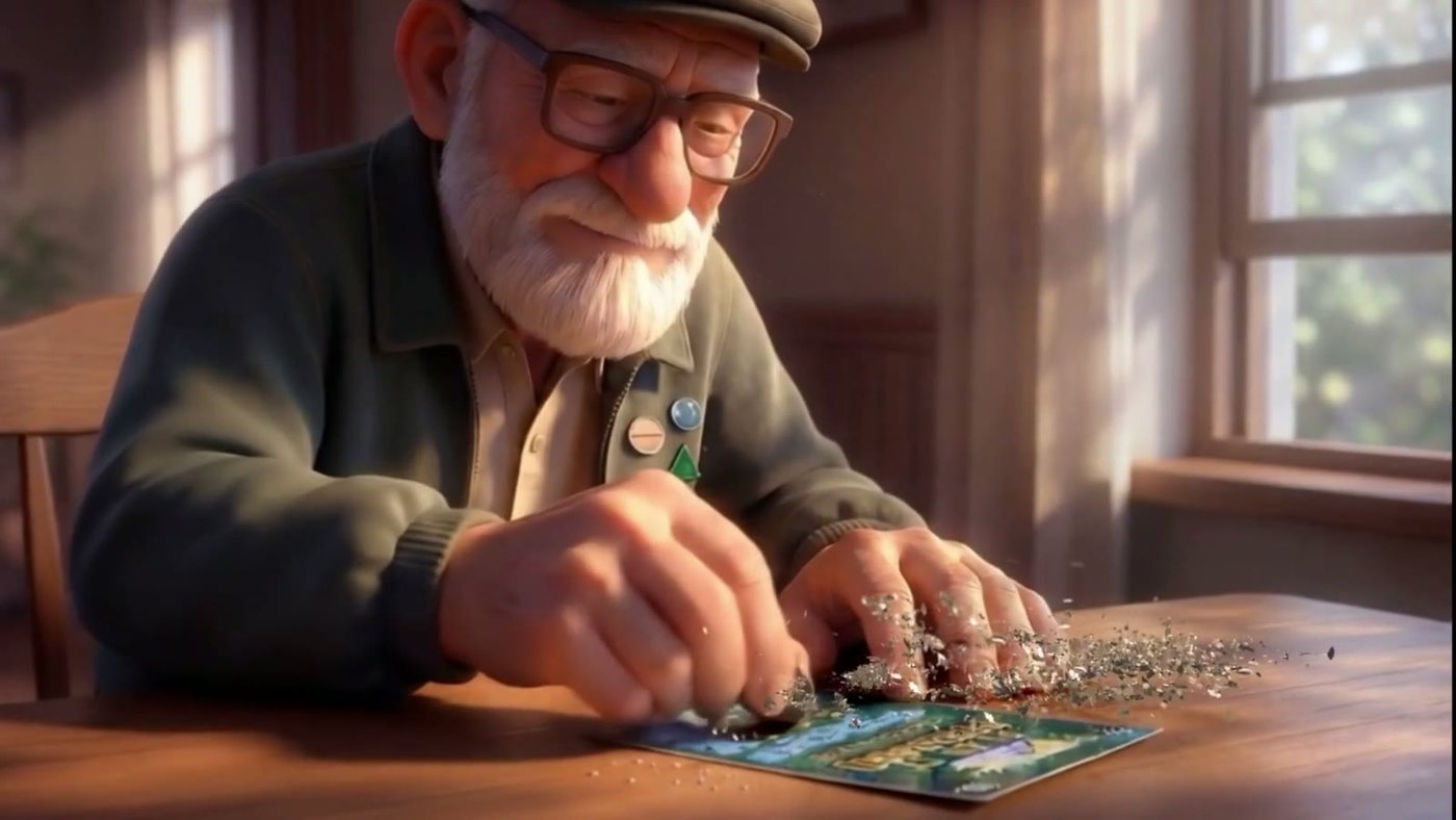 The old man at the table, the ticket in pieces
